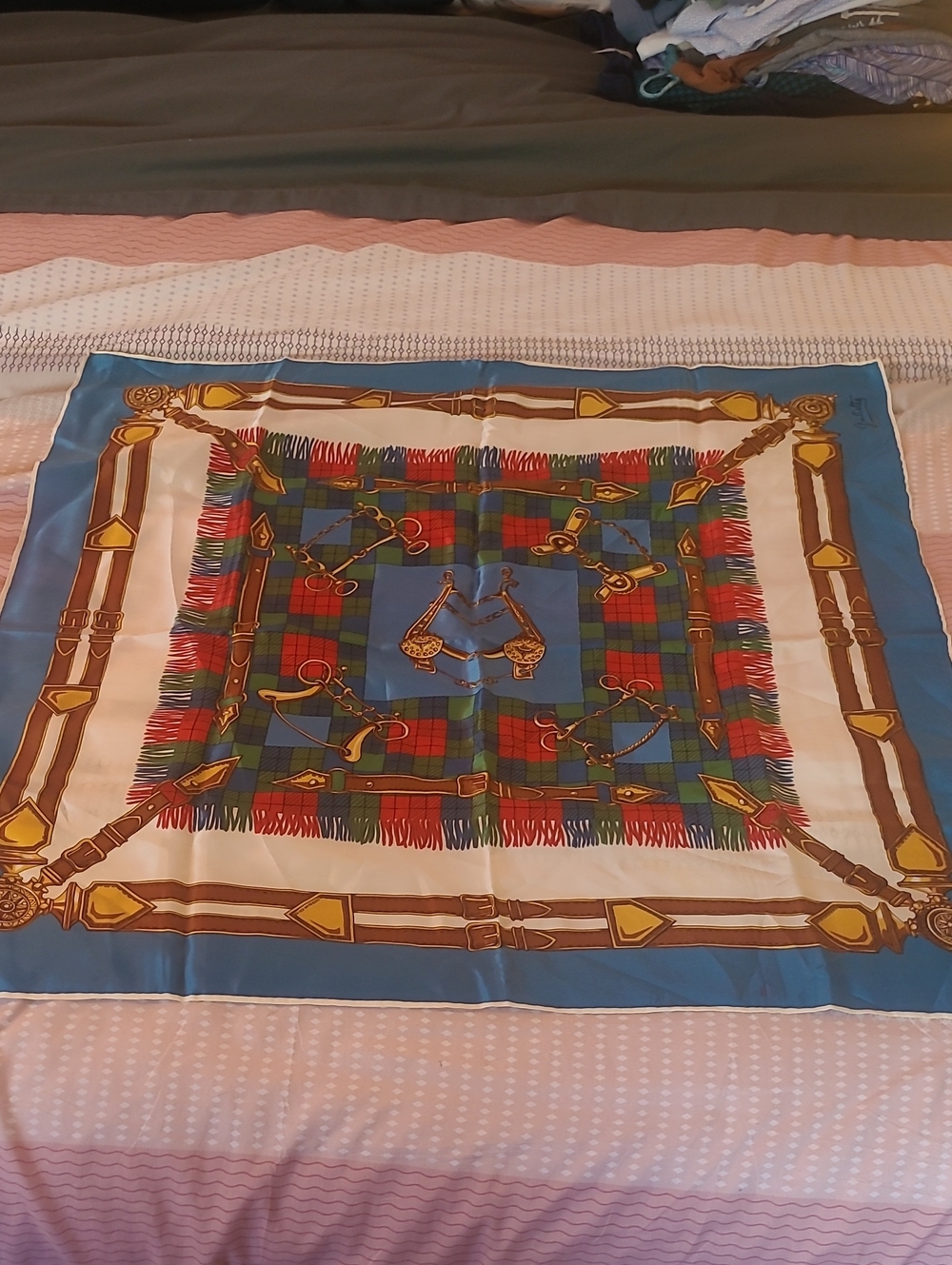 Blue and Multicolor Equestrian-Pattern Decorative Scarf Accent